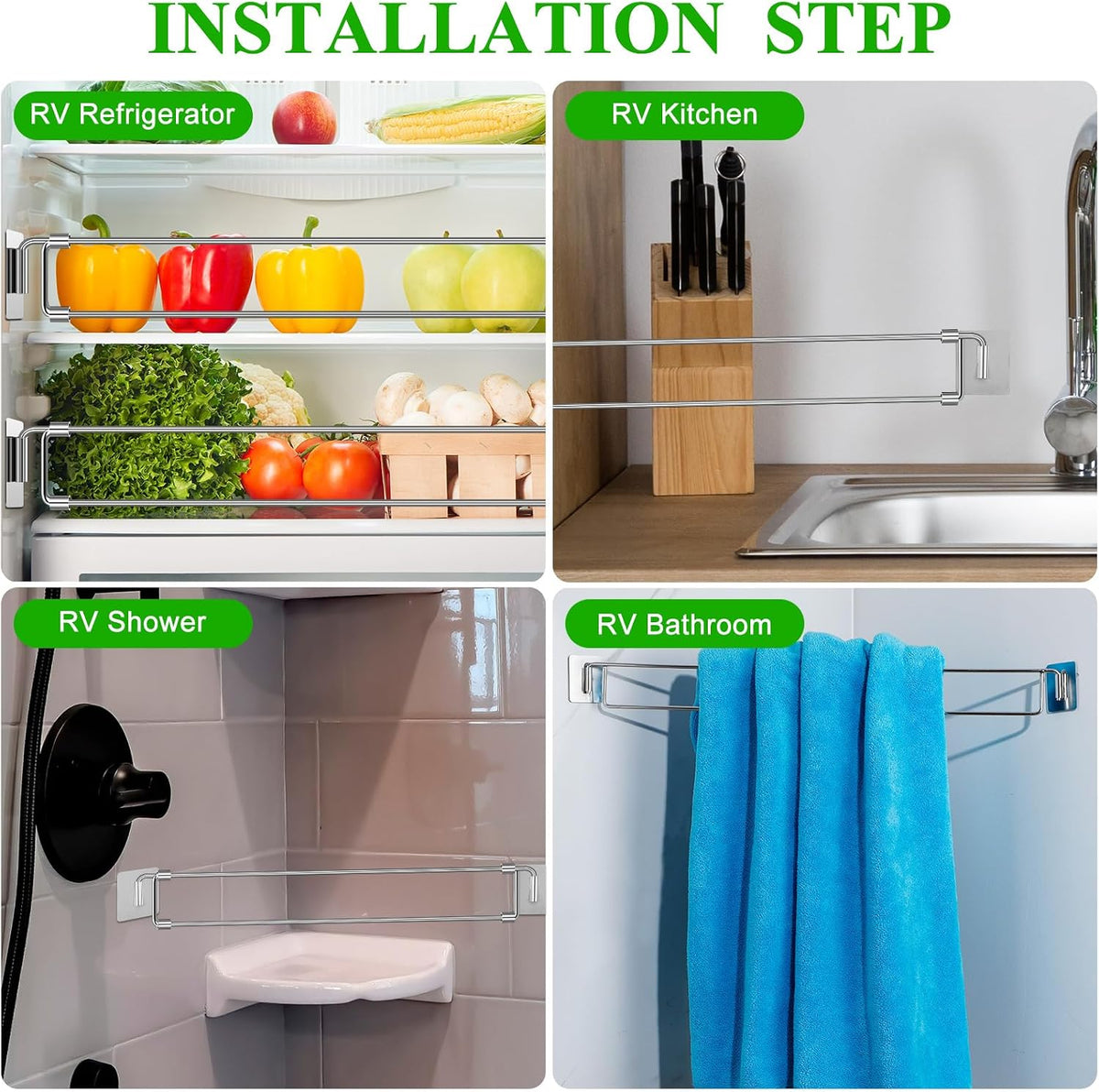 4 Pcs Rv Refrigerator Bars 12.44"-22.63" Adjustable Stainless Steel RV Fridge Tension Rods Refrigerator Accessories Extendable Food and Drink Stabilizers Prevent Messy Spills During Travel
