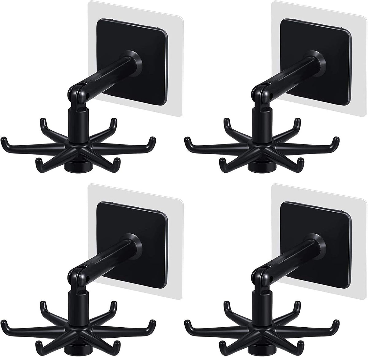Hanging Utensil Holder Hooks Kitchen Utensil Hanger Wall Mount 360 Degrees Rotating Folding Hook Self Adhesive Hook Utensil Rack with 6 Hooks for Kitchen Bathroom Cabinet (4 Black)