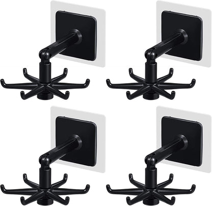 Hanging Utensil Holder Hooks Kitchen Utensil Hanger Wall Mount 360 Degrees Rotating Folding Hook Self Adhesive Hook Utensil Rack with 6 Hooks for Kitchen Bathroom Cabinet (4 Black)