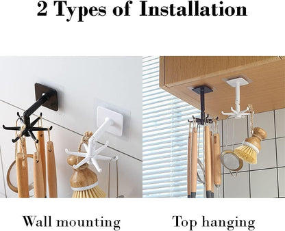 Hanging Utensil Holder Hooks Kitchen Utensil Hanger Wall Mount 360 Degrees Rotating Folding Hook Self Adhesive Hook Utensil Rack with 6 Hooks for Kitchen Bathroom Cabinet (4 Black)
