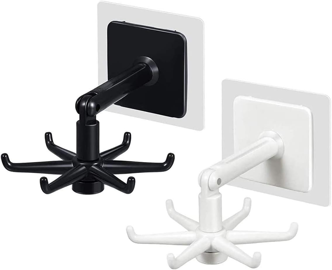 Hanging Utensil Holder Hooks Kitchen Utensil Hanger Wall Mount 360 Degrees Rotating Folding Hook Self Adhesive Hook Utensil Rack with 6 Hooks for Kitchen Bathroom Cabinet (4 Black)
