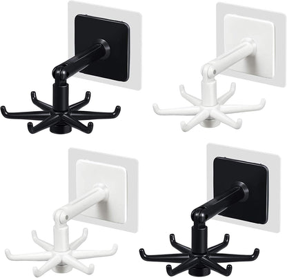 Hanging Utensil Holder Hooks Kitchen Utensil Hanger Wall Mount 360 Degrees Rotating Folding Hook Self Adhesive Hook Utensil Rack with 6 Hooks for Kitchen Bathroom Cabinet (4 Black)