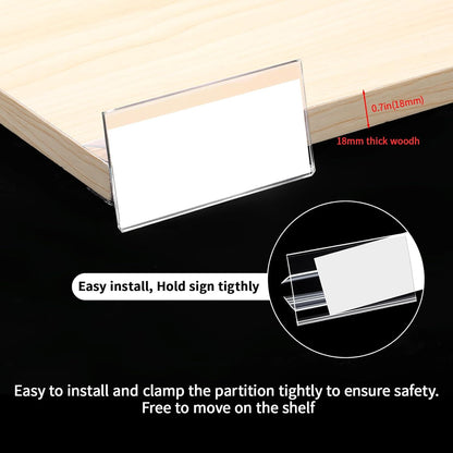 50 Pcs Wood Shelf Label Clear-Wire Shelf-Label-Holder Mini Clear Sign Display Holder PVC Clear Shelf Labels Holder with Label Inserts Clips On to Shelves18 mm Wooden Shelving