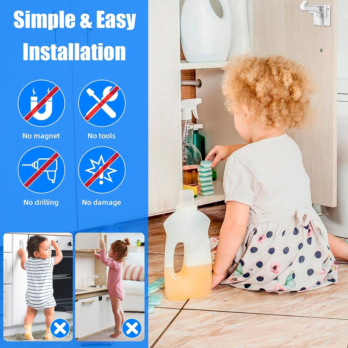 Upgraded Version Cabinet Locks Baby Proofing, Children Proof Cupboard Drawers Latches, No Drilling or Tools Required for Installation, Works with Cabinets & Drawers, Adhesive Easy Installation