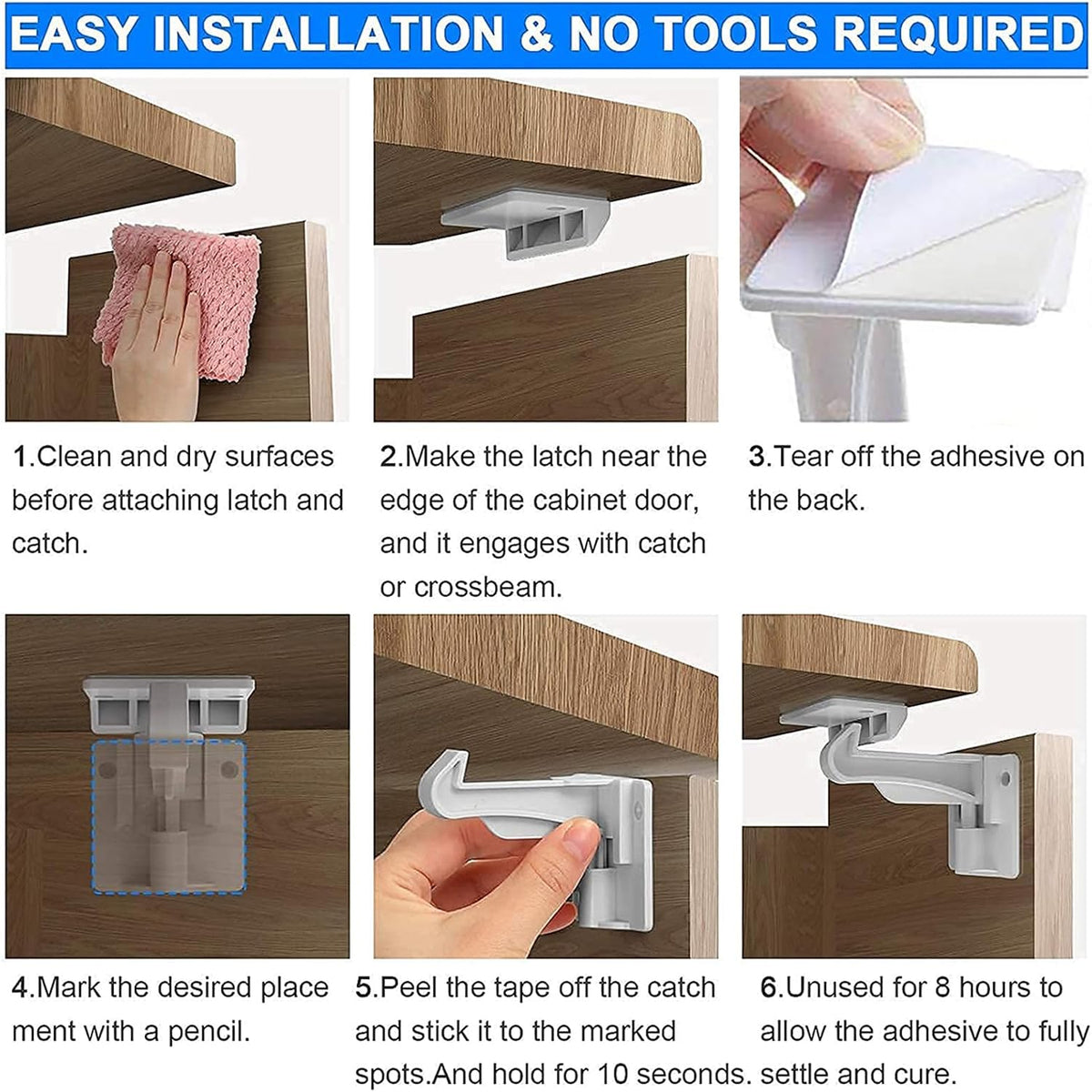 Upgraded Version Cabinet Locks Baby Proofing, Children Proof Cupboard Drawers Latches, No Drilling or Tools Required for Installation, Works with Cabinets & Drawers, Adhesive Easy Installation