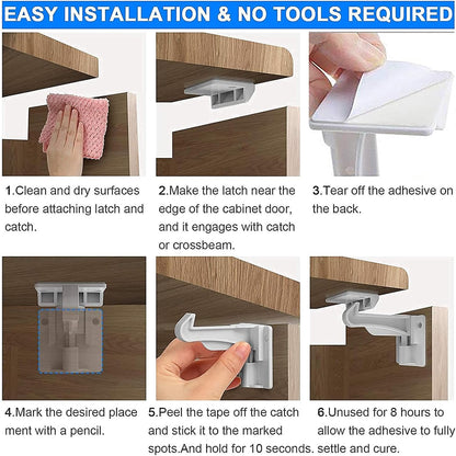 Upgraded Version Cabinet Locks Baby Proofing, Children Proof Cupboard Drawers Latches, No Drilling or Tools Required for Installation, Works with Cabinets & Drawers, Adhesive Easy Installation