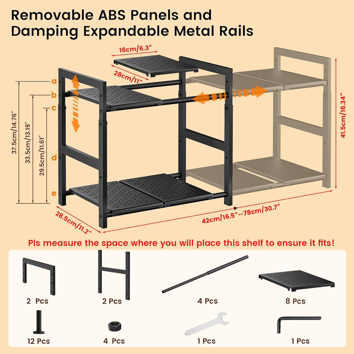 Under Sink Organizer and Storage 16.5"-30.7" Expandable Length, Adjustable Height Max 16.7" Under Sink Shelf 2 Tier with Removable ABS Panels Metal Frame for Bathroom Kitchen Pantry Cabitnet Pot Pan