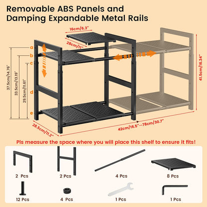 Under Sink Organizer and Storage 16.5"-30.7" Expandable Length, Adjustable Height Max 16.7" Under Sink Shelf 2 Tier with Removable ABS Panels Metal Frame for Bathroom Kitchen Pantry Cabitnet Pot Pan