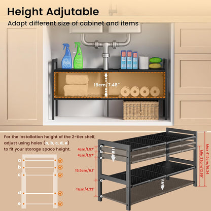 Under Sink Organizer and Storage 16.5"-30.7" Expandable Length, Adjustable Height Max 16.7" Under Sink Shelf 2 Tier with Removable ABS Panels Metal Frame for Bathroom Kitchen Pantry Cabitnet Pot Pan