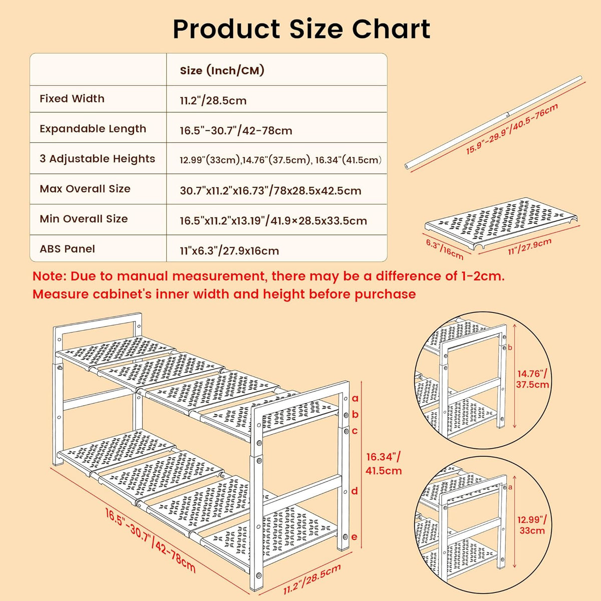 Under Sink Organizer and Storage 16.5"-30.7" Expandable Length, Adjustable Height Max 16.7" Under Sink Shelf 2 Tier with Removable ABS Panels Metal Frame for Bathroom Kitchen Pantry Cabitnet Pot Pan