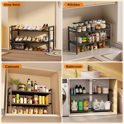 Under Sink Organizer and Storage 16.5"-30.7" Expandable Length, Adjustable Height Max 16.7" Under Sink Shelf 2 Tier with Removable ABS Panels Metal Frame for Bathroom Kitchen Pantry Cabitnet Pot Pan