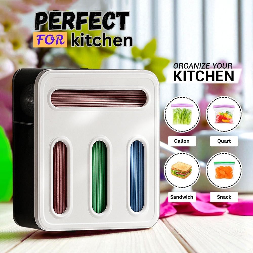 Ziplock Bag Organizer for Drawer | 4 In 1 Plastic Bag Organizer For Gallon, Quart, Sandwich & Snack | Food Bags Dispenser for Kitchen Storage, Wall Mount, Lightweight & Durable