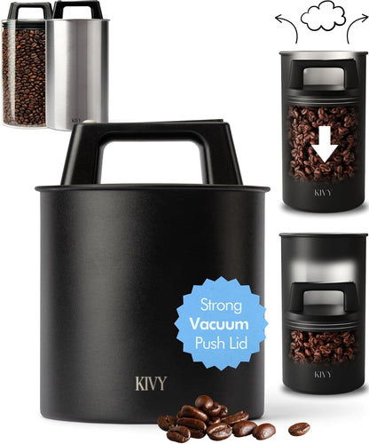 Vacuum Coffee Canister - Push Lid Preserves Coffee Aroma & Oil | Stainless Steel Airtight Coffee Canister - Container for Ground & Coffee Bean Storage - Storage Jar - Removes Excess Air