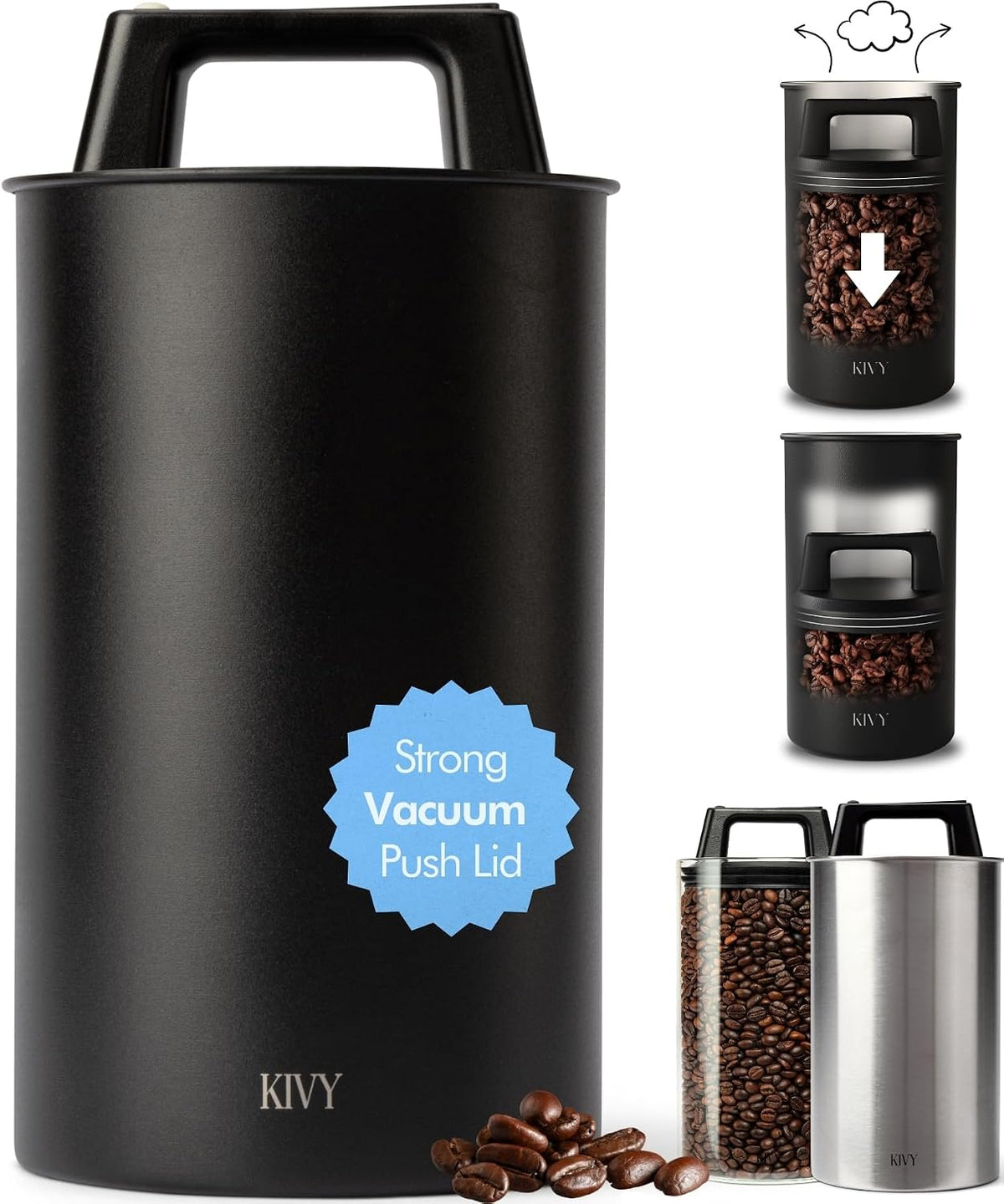 Vacuum Coffee Canister - Push Lid Preserves Coffee Aroma & Oil | Stainless Steel Airtight Coffee Canister - Container for Ground & Coffee Bean Storage - Storage Jar - Removes Excess Air