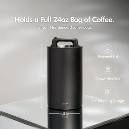 Vacuum Coffee Canister - Push Lid Preserves Coffee Aroma & Oil | Stainless Steel Airtight Coffee Canister - Container for Ground & Coffee Bean Storage - Storage Jar - Removes Excess Air