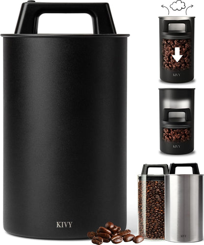 Vacuum Coffee Canister - Push Lid Preserves Coffee Aroma & Oil | Stainless Steel Airtight Coffee Canister - Container for Ground & Coffee Bean Storage - Storage Jar - Removes Excess Air