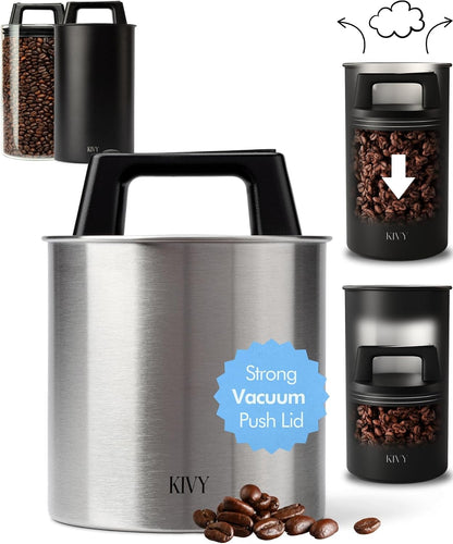 Vacuum Coffee Canister - Push Lid Preserves Coffee Aroma & Oil | Stainless Steel Airtight Coffee Canister - Container for Ground & Coffee Bean Storage - Storage Jar - Removes Excess Air