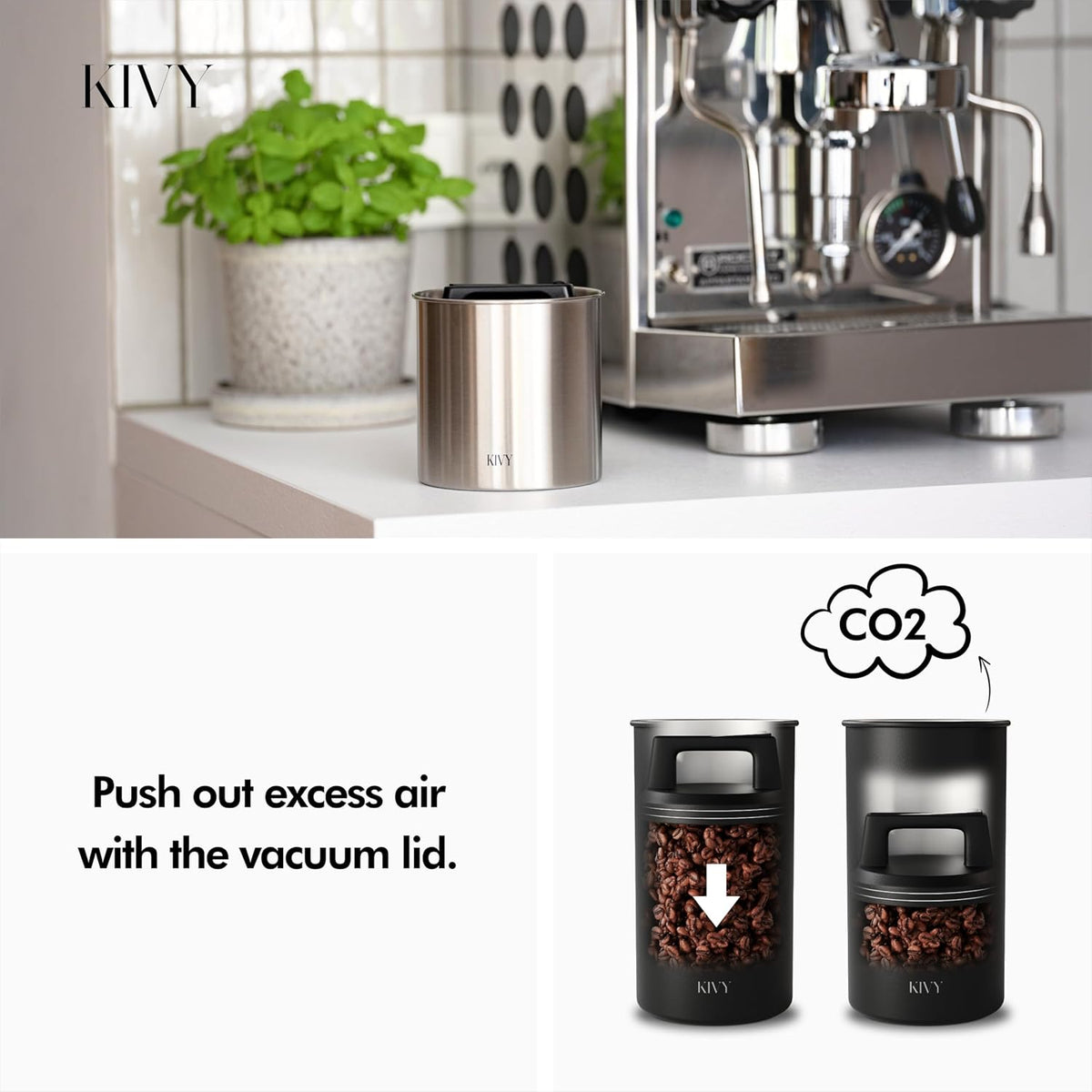 Vacuum Coffee Canister - Push Lid Preserves Coffee Aroma & Oil | Stainless Steel Airtight Coffee Canister - Container for Ground & Coffee Bean Storage - Storage Jar - Removes Excess Air