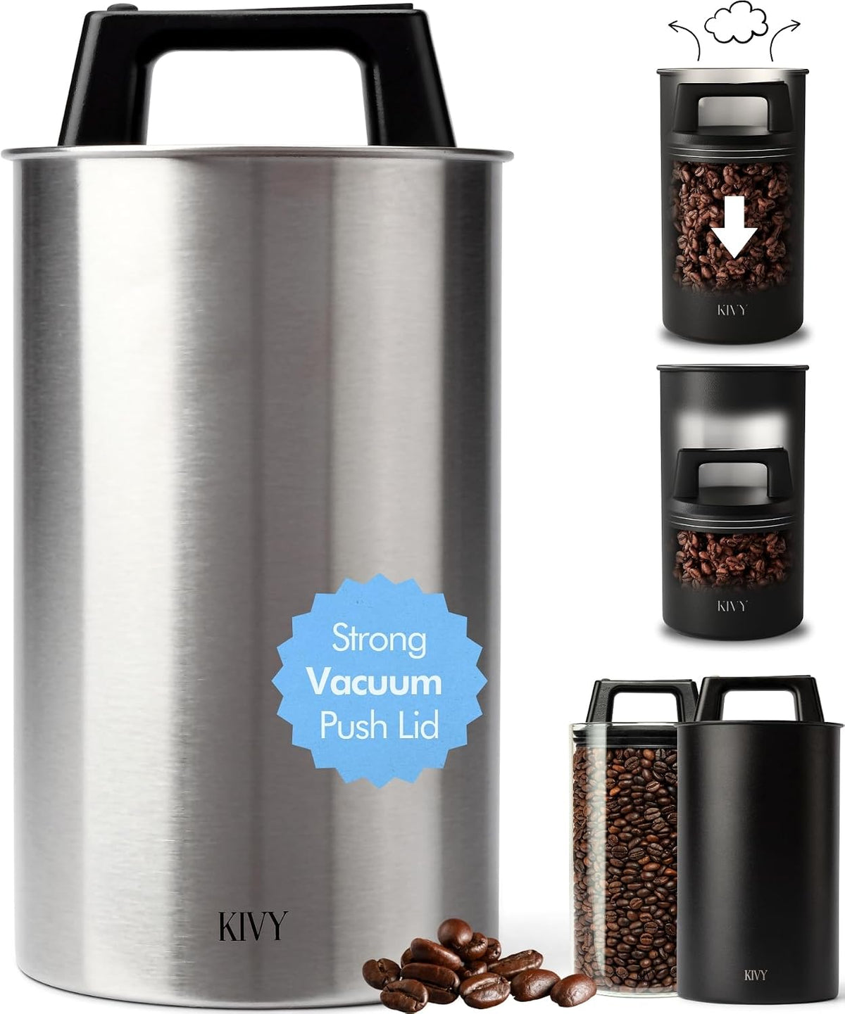 Vacuum Coffee Canister - Push Lid Preserves Coffee Aroma & Oil | Stainless Steel Airtight Coffee Canister - Container for Ground & Coffee Bean Storage - Storage Jar - Removes Excess Air