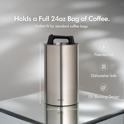 Vacuum Coffee Canister - Push Lid Preserves Coffee Aroma & Oil | Stainless Steel Airtight Coffee Canister - Container for Ground & Coffee Bean Storage - Storage Jar - Removes Excess Air