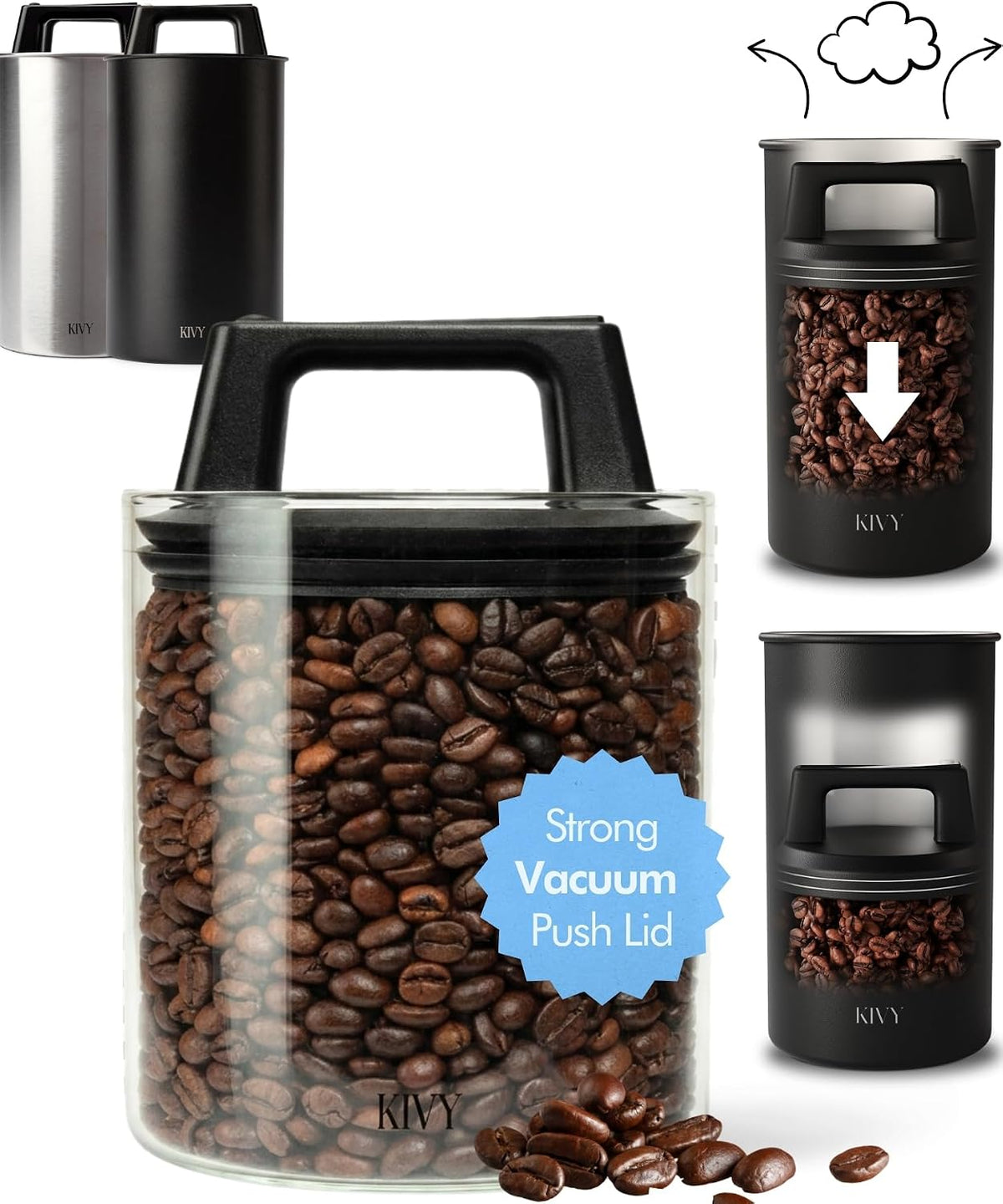 Vacuum Coffee Canister - Push Lid Preserves Coffee Aroma & Oil | Stainless Steel Airtight Coffee Canister - Container for Ground & Coffee Bean Storage - Storage Jar - Removes Excess Air