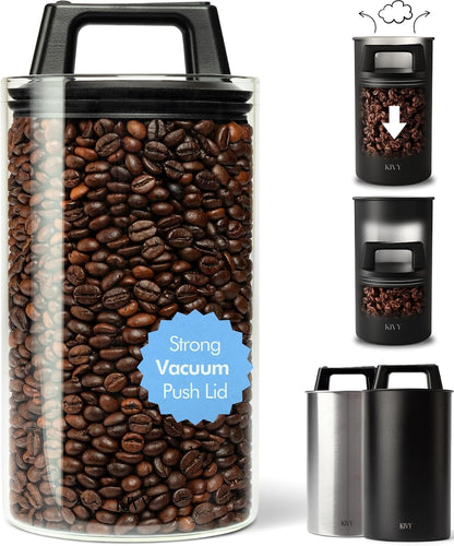 Vacuum Coffee Canister - Push Lid Preserves Coffee Aroma & Oil | Stainless Steel Airtight Coffee Canister - Container for Ground & Coffee Bean Storage - Storage Jar - Removes Excess Air