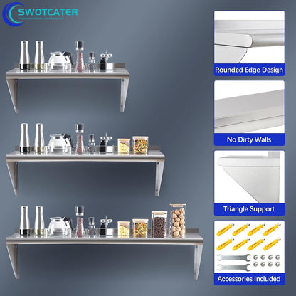 Stainless Steel Shelf 2 Pack 12"x24", Wall Mounted Metal Shelves