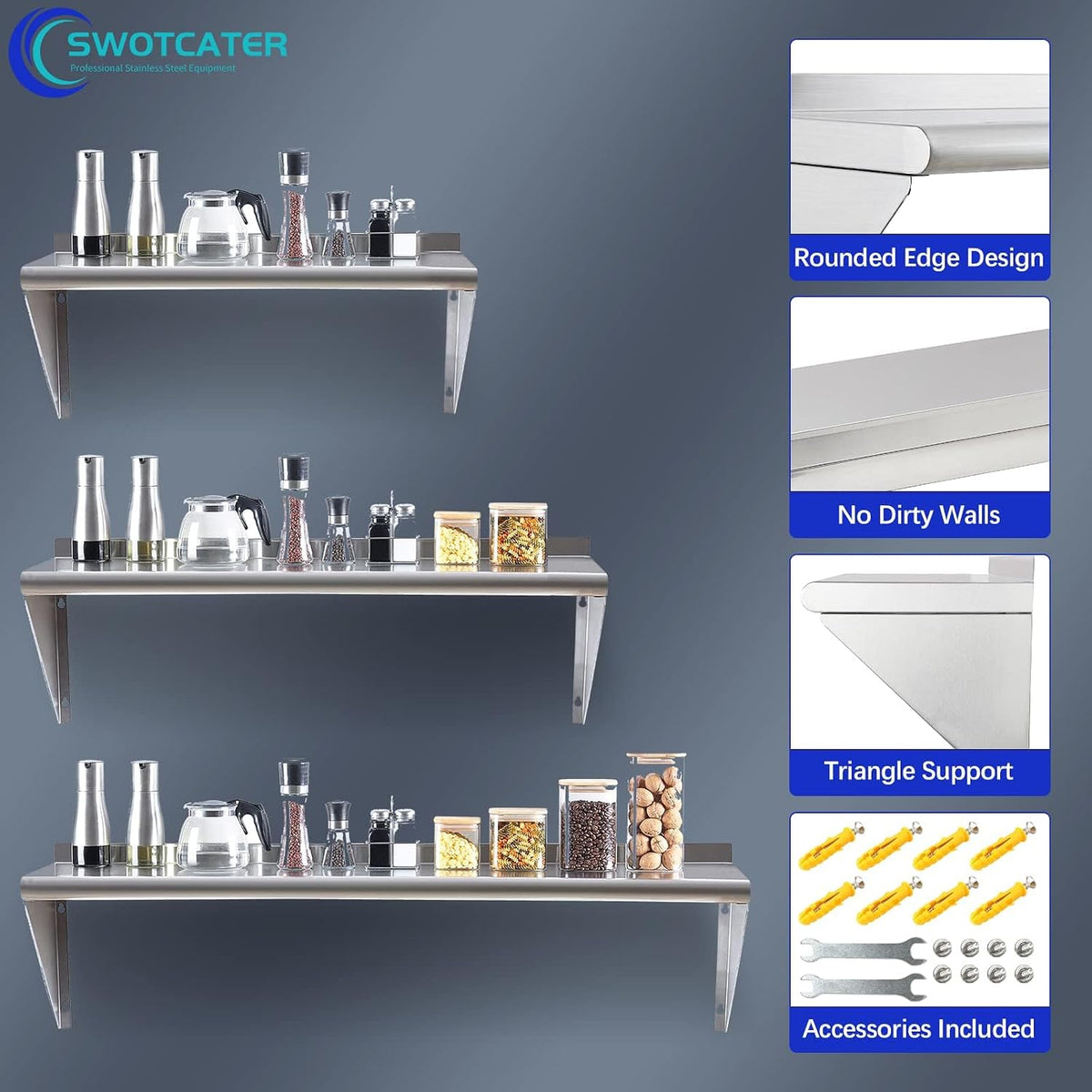 Stainless Steel Shelf 2 Pack 12"x24", Wall Mounted Metal Shelves