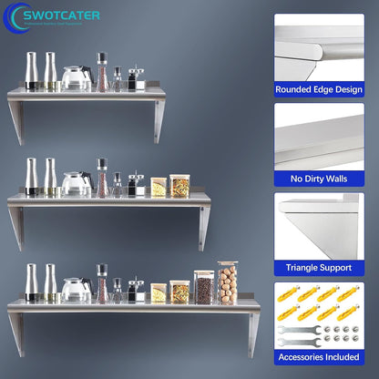 Stainless Steel Shelf 2 Pack 12"x24", Wall Mounted Metal Shelves