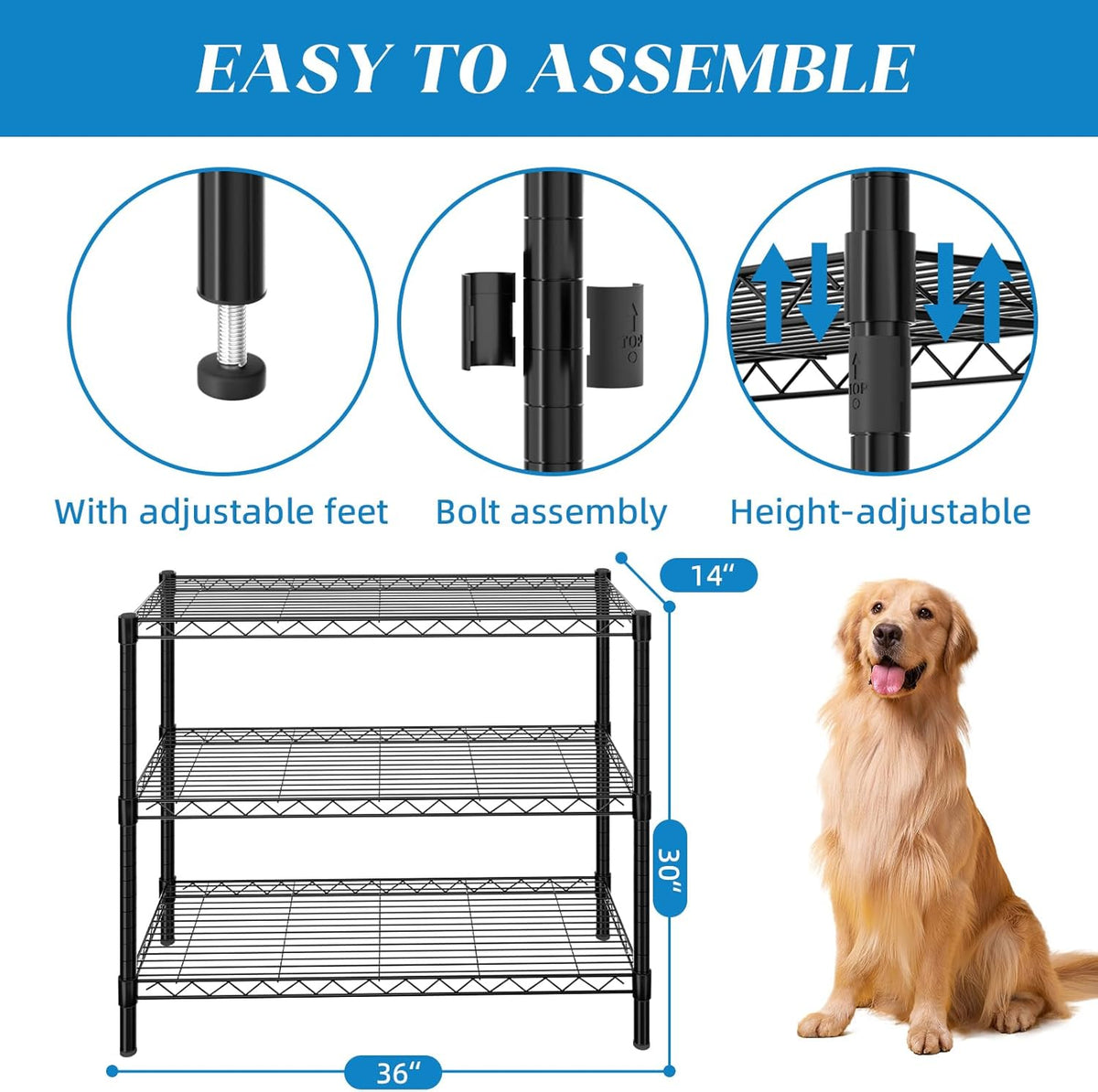 3-Shelf Adjustable Metal Wire Shelving,Black,36"L x 14"W x 30"H