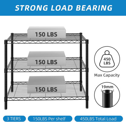 3-Shelf Adjustable Metal Wire Shelving,Black,36"L x 14"W x 30"H