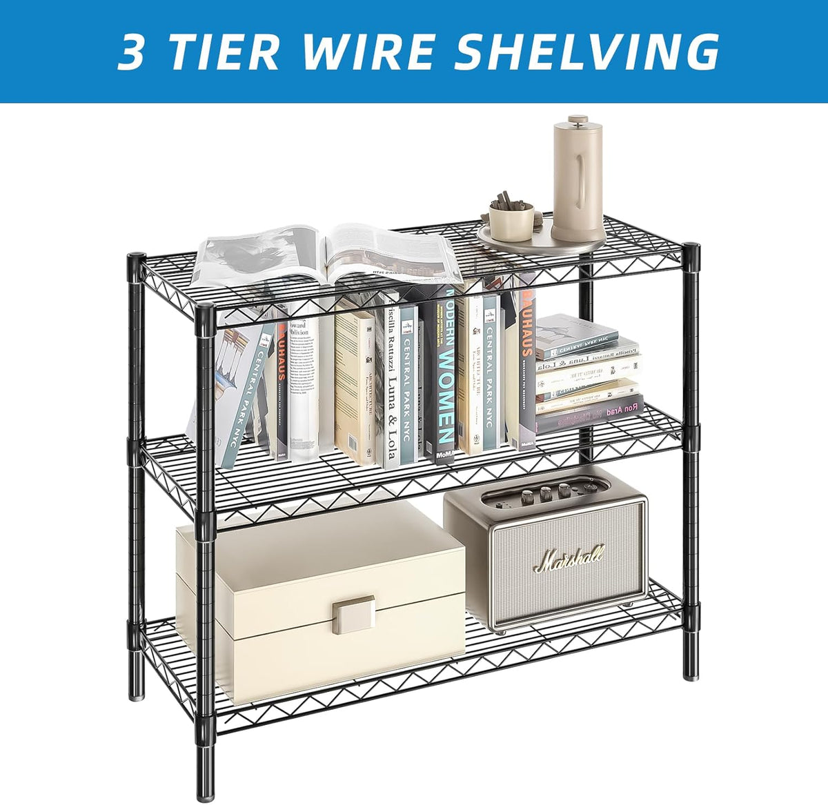 3-Shelf Adjustable Metal Wire Shelving,Black,36"L x 14"W x 30"H