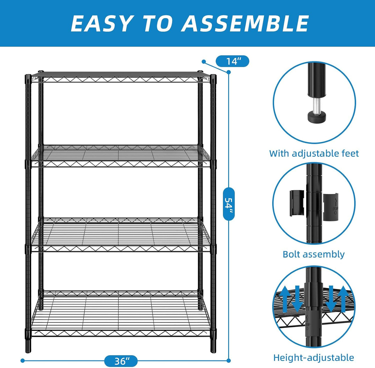 3-Shelf Adjustable Metal Wire Shelving,Black,36"L x 14"W x 30"H