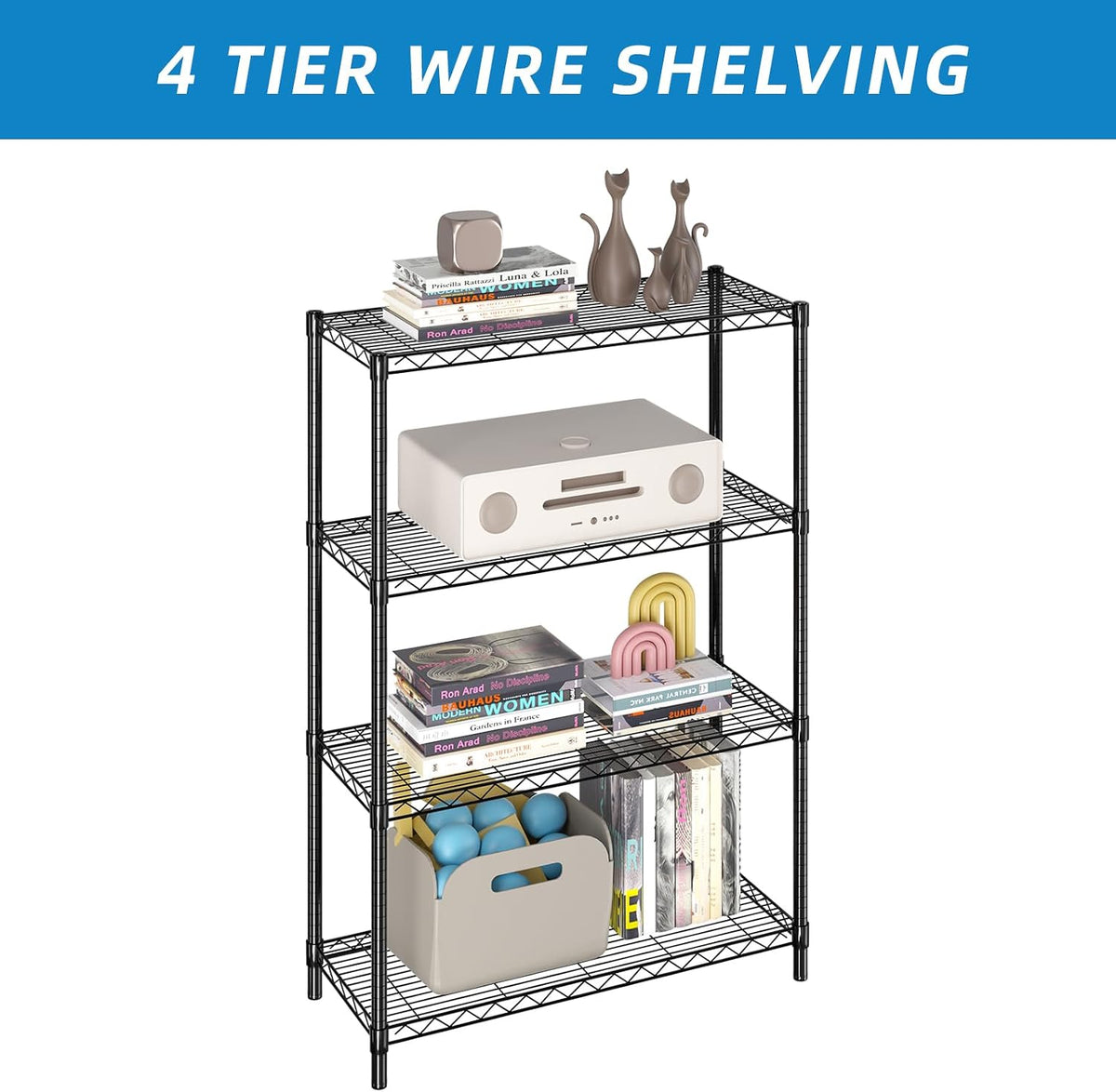 3-Shelf Adjustable Metal Wire Shelving,Black,36"L x 14"W x 30"H