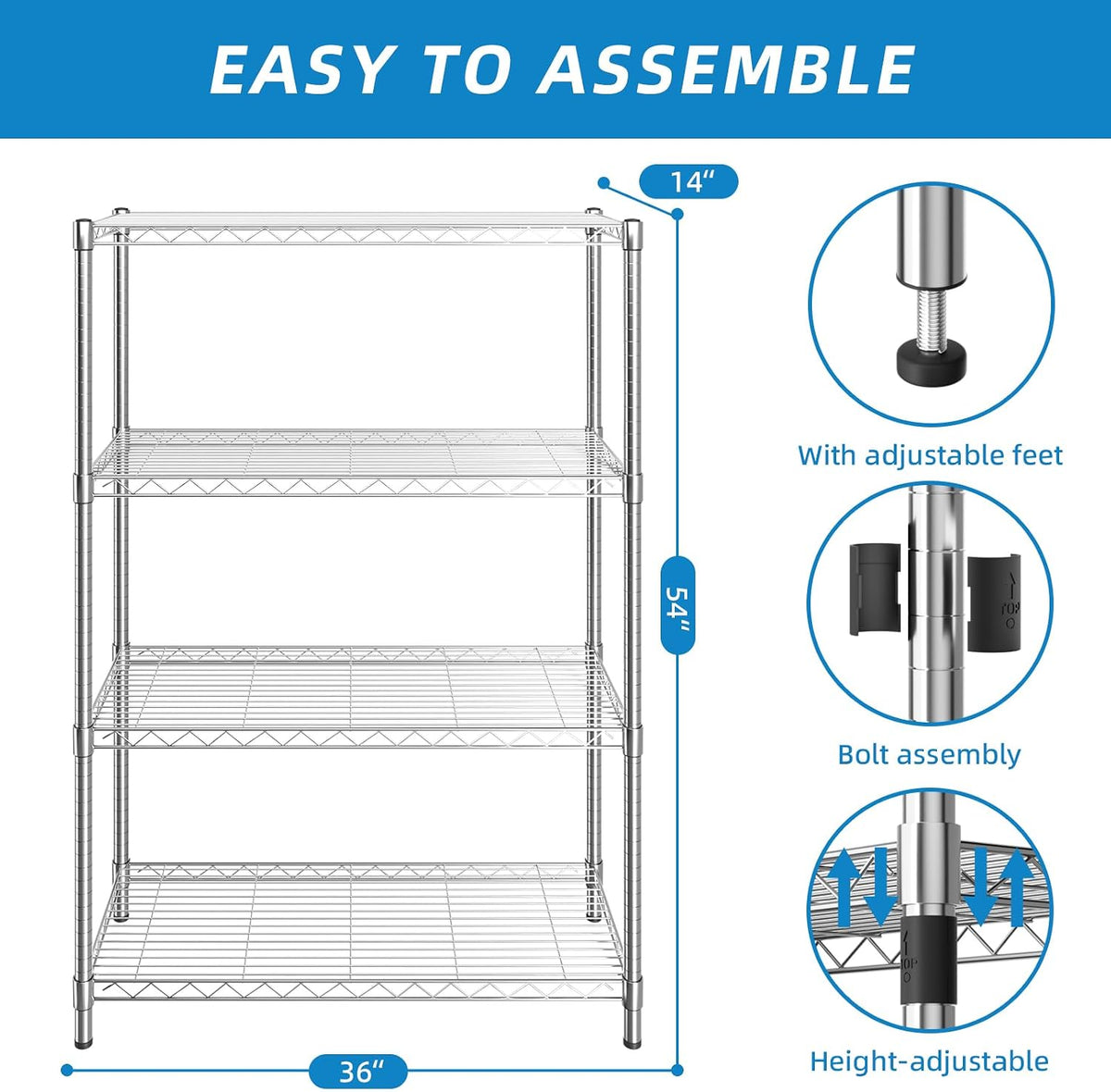 3-Shelf Adjustable Metal Wire Shelving,Black,36"L x 14"W x 30"H