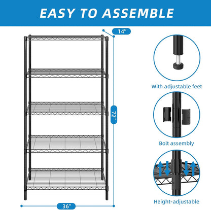 3-Shelf Adjustable Metal Wire Shelving,Black,36"L x 14"W x 30"H