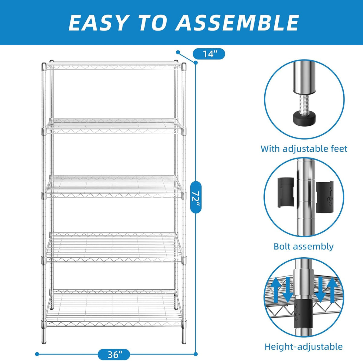3-Shelf Adjustable Metal Wire Shelving,Black,36"L x 14"W x 30"H