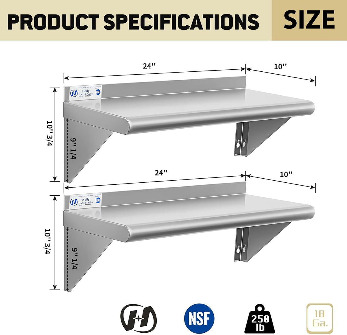 Hally Stainless Steel Shelf 2 Pack Wall Mounted Metal Shelves 10"x24" NSF