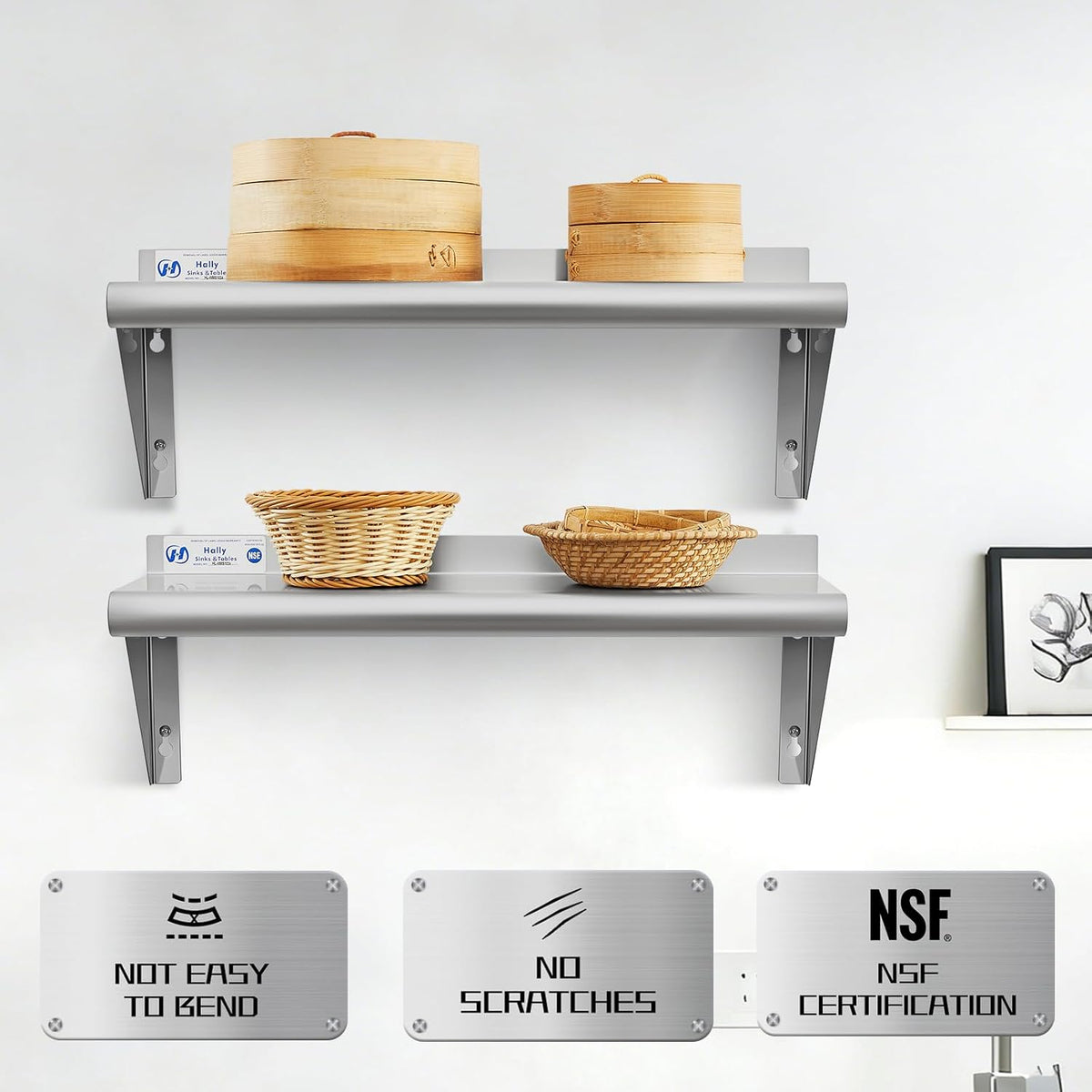 Hally Stainless Steel Shelf 2 Pack Wall Mounted Metal Shelves 10"x24" NSF