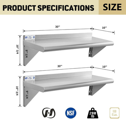 Hally Stainless Steel Shelf 2 Pack Wall Mounted Metal Shelves 10"x24" NSF