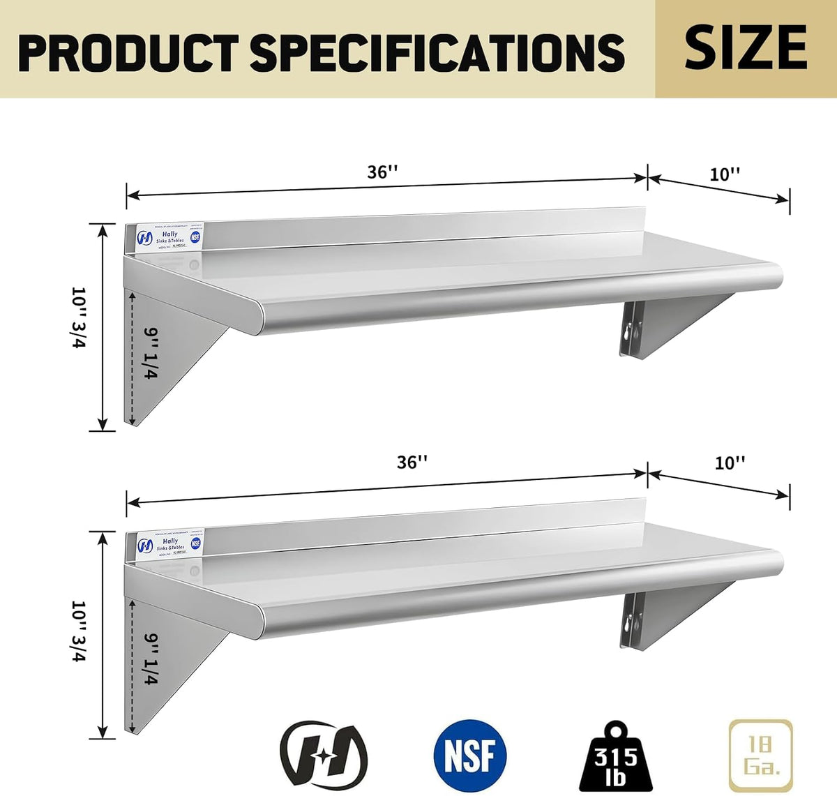 Hally Stainless Steel Shelf 2 Pack Wall Mounted Metal Shelves 10"x24" NSF