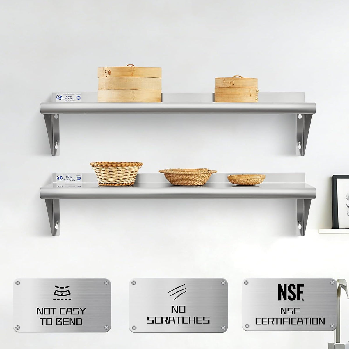 Hally Stainless Steel Shelf 2 Pack Wall Mounted Metal Shelves 10"x24" NSF