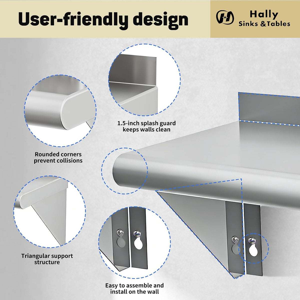 Hally Stainless Steel Shelf 2 Pack Wall Mounted Metal Shelves 10"x24" NSF