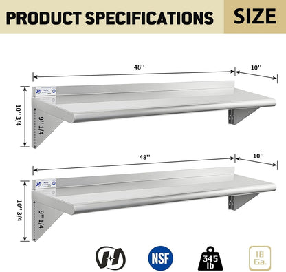 Hally Stainless Steel Shelf 2 Pack Wall Mounted Metal Shelves 10"x24" NSF