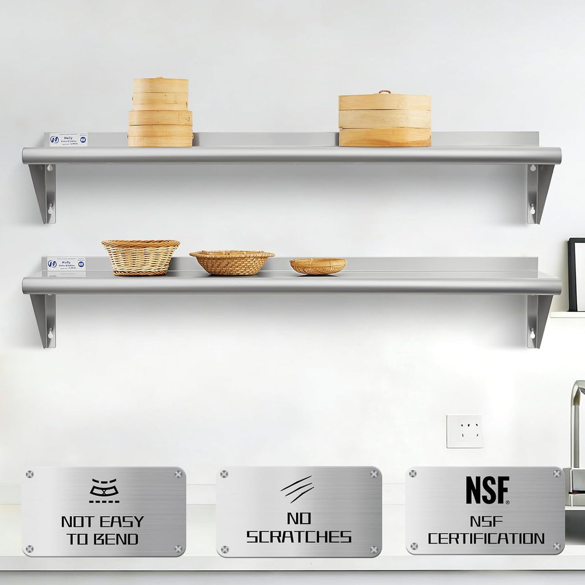 Hally Stainless Steel Shelf 2 Pack Wall Mounted Metal Shelves 10"x24" NSF