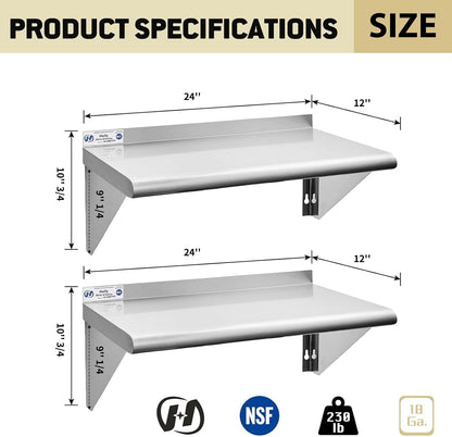 Hally Stainless Steel Shelf 2 Pack Wall Mounted Metal Shelves 10"x24" NSF