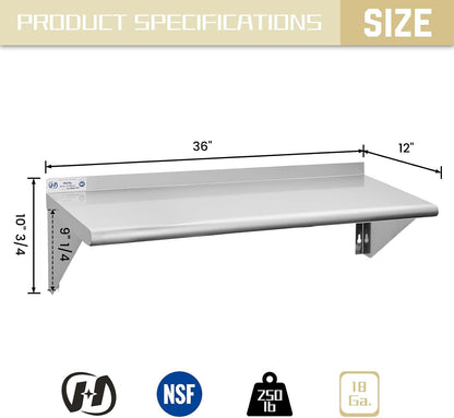 Hally Stainless Steel Shelf 2 Pack Wall Mounted Metal Shelves 10"x24" NSF