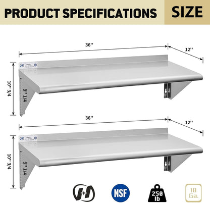 Hally Stainless Steel Shelf 2 Pack Wall Mounted Metal Shelves 10"x24" NSF