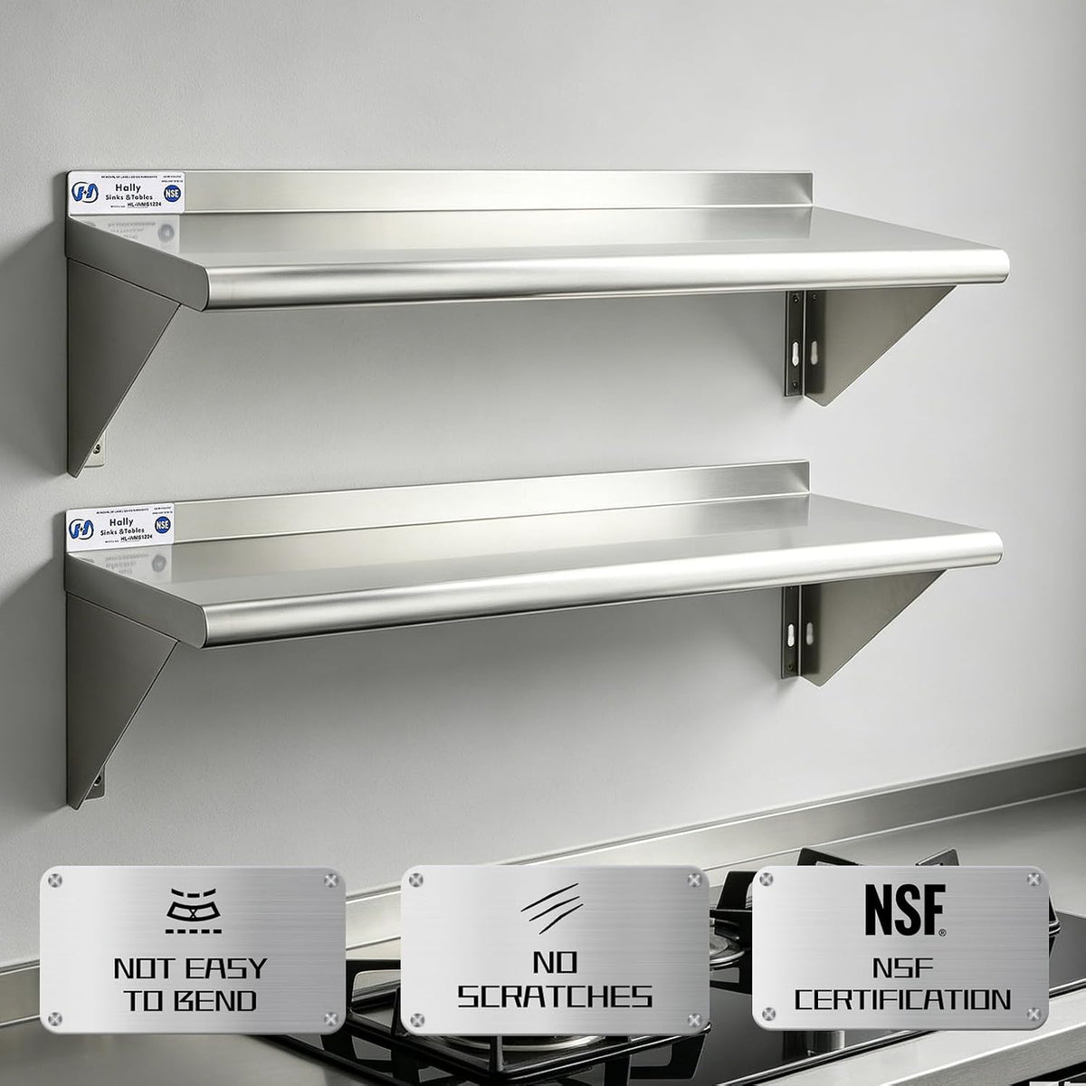 Hally Stainless Steel Shelf 2 Pack Wall Mounted Metal Shelves 10"x24" NSF