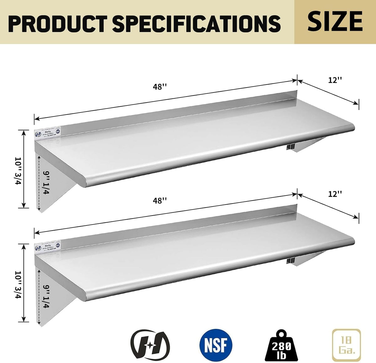 Hally Stainless Steel Shelf 2 Pack Wall Mounted Metal Shelves 10"x24" NSF
